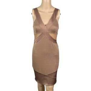 VPL Brown Satin Mesh Peekaboo Bodycon Cocktail Mini Dress SZ 2